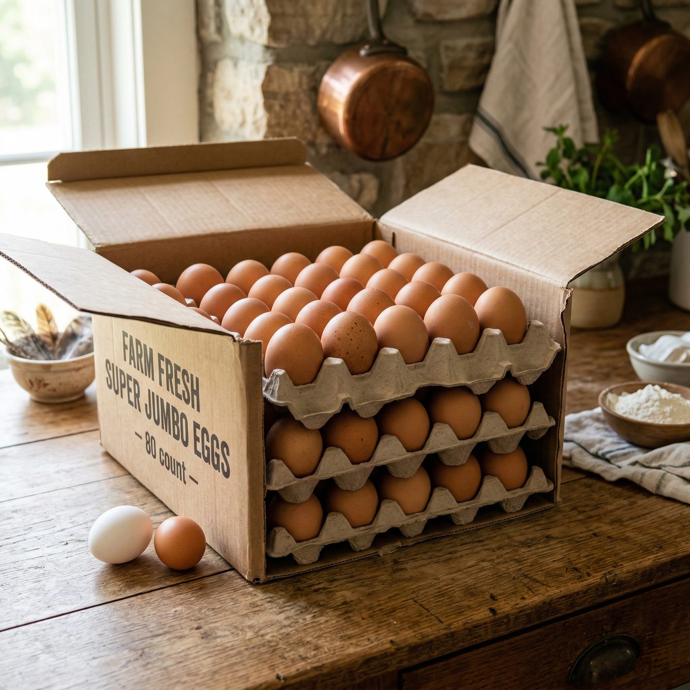 Carton of farm-fresh eggs, jumbo size, freshly packed