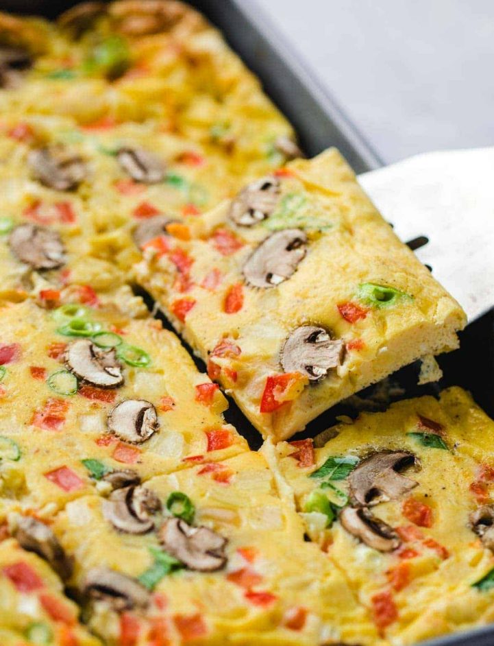 Sheet-pan egg bake sliced into portions
